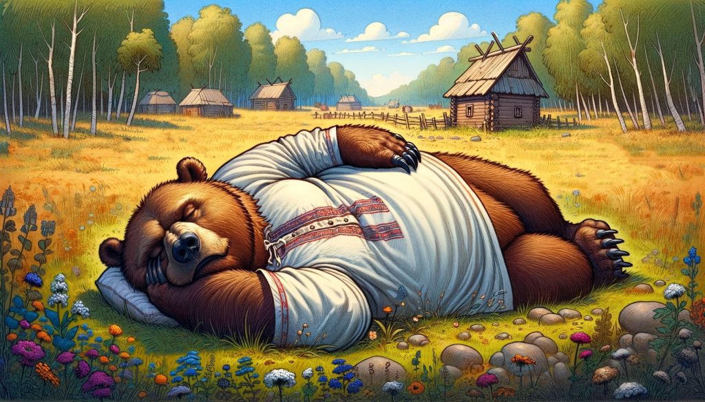 Аллегорическое изображение России в лице медведя, отдыхающего в сельской местности