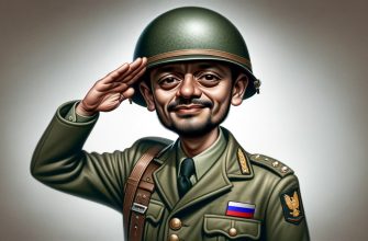 Иллюстрация улыбающегося мигранта-солдата, отдающего честь в форме с нашивкой флага России