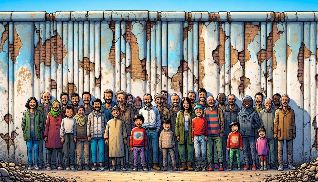 Группа улыбающихся мигрантов на фоне стены с трещинами