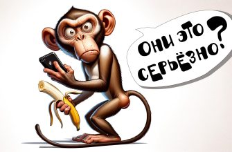 Карикатурная обезьяна с телефоном и бананом в руках и текстом 'Они это серьёзно?'