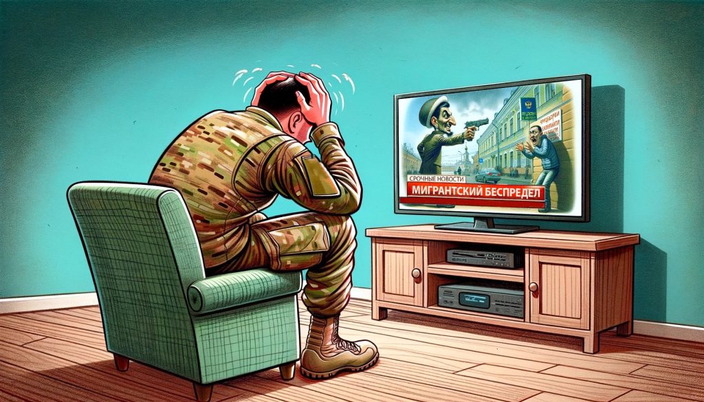 Опечаленный солдат смотрит новости о мигрантском беспределе в России