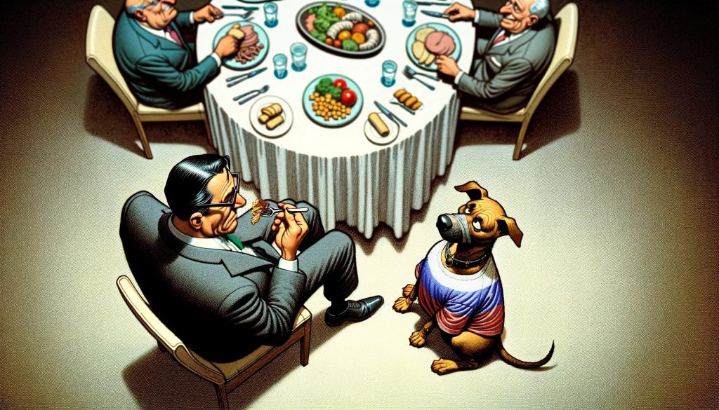 Карикатура с обеденным столом, мужчинами и собакой, одетой в футболку с цветами российского флага, ожидающей подачек со стола