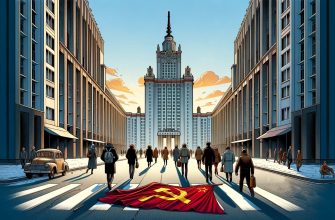 Городской пейзаж с флагом СССР на переднем плане