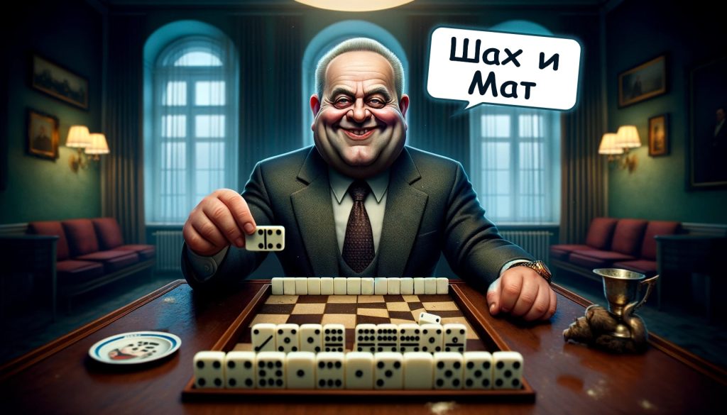Карикатурный политик играет в домино, думая о шахматах