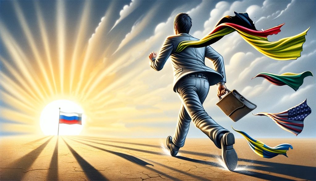 Человек бежит к восходящему солнцу с флагом России, оставляя за собой другие страны