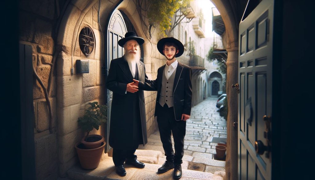 Раввин приветствует молодого еврея у входа в дом в Рамоте, Иерусалим