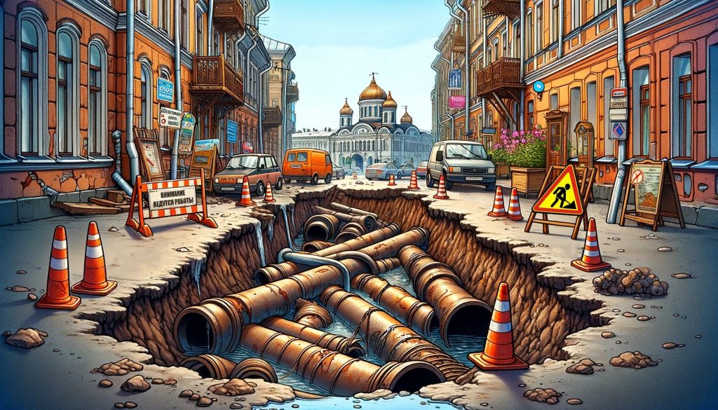 Ремонтные дорожные работы в России с выкопанными теплотрассами