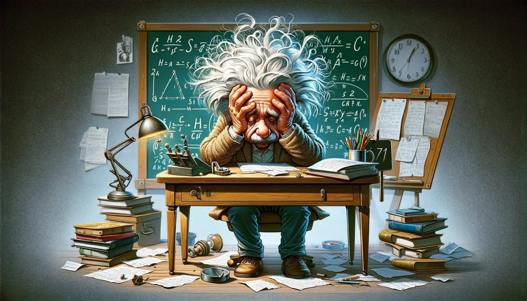 Карикатура на тему научных исследований с Эйнштейном, столкнувшимся с проблемами при расчётах
