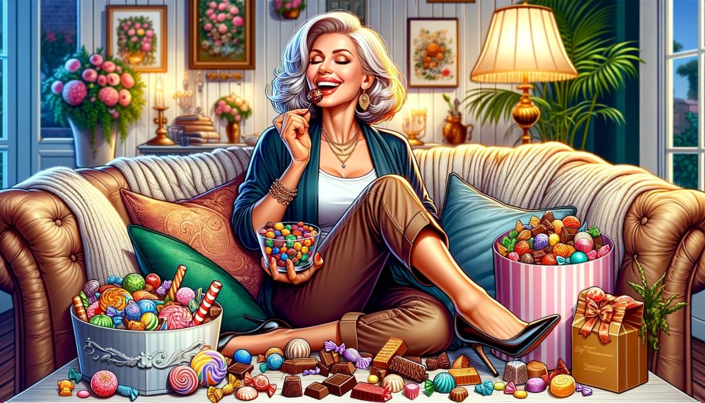 Женщина наслаждается разнообразными конфетами в уютной комнате