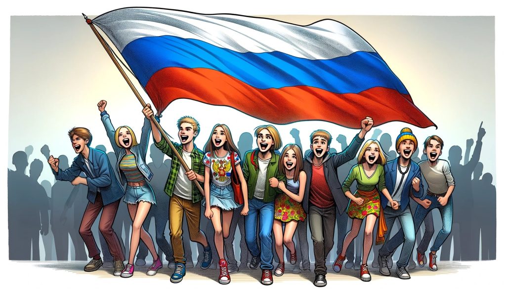 Группа молодых людей с российским флагом, символизирующая консолидацию общества