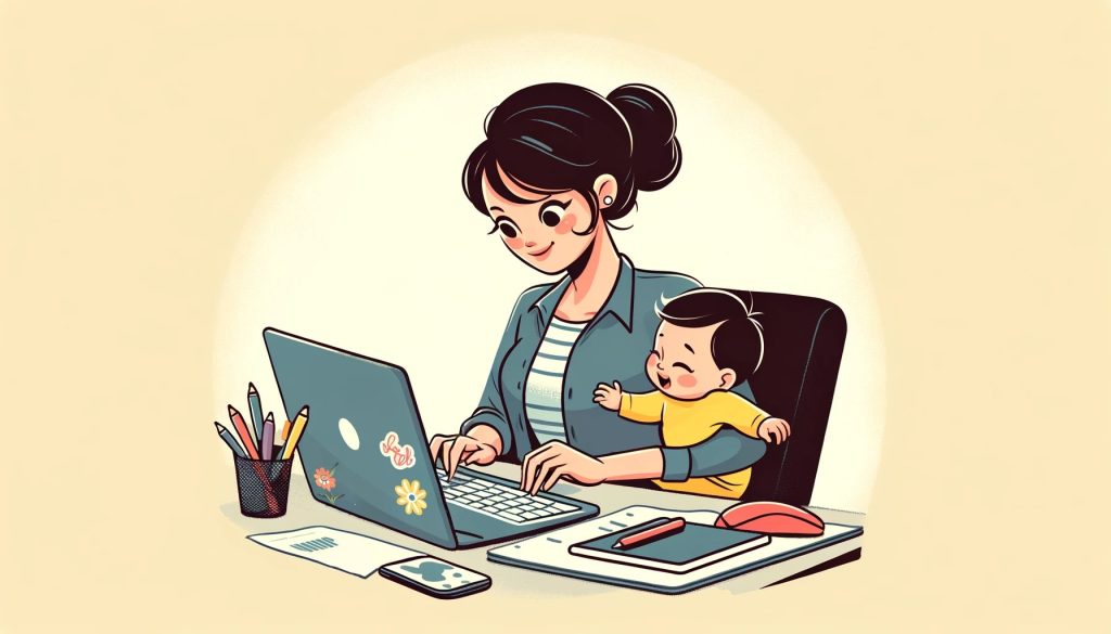 Молодая мама сидит за компьютером с младенцем на коленях