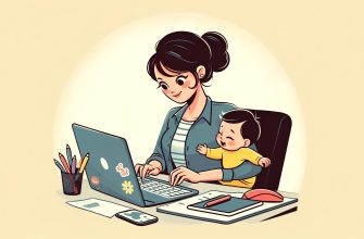 Молодая мама сидит за компьютером с младенцем на коленях