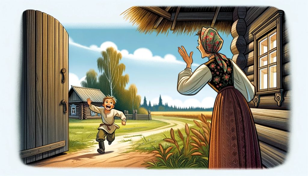 Мальчик радостно бежит к матери у деревенского дома