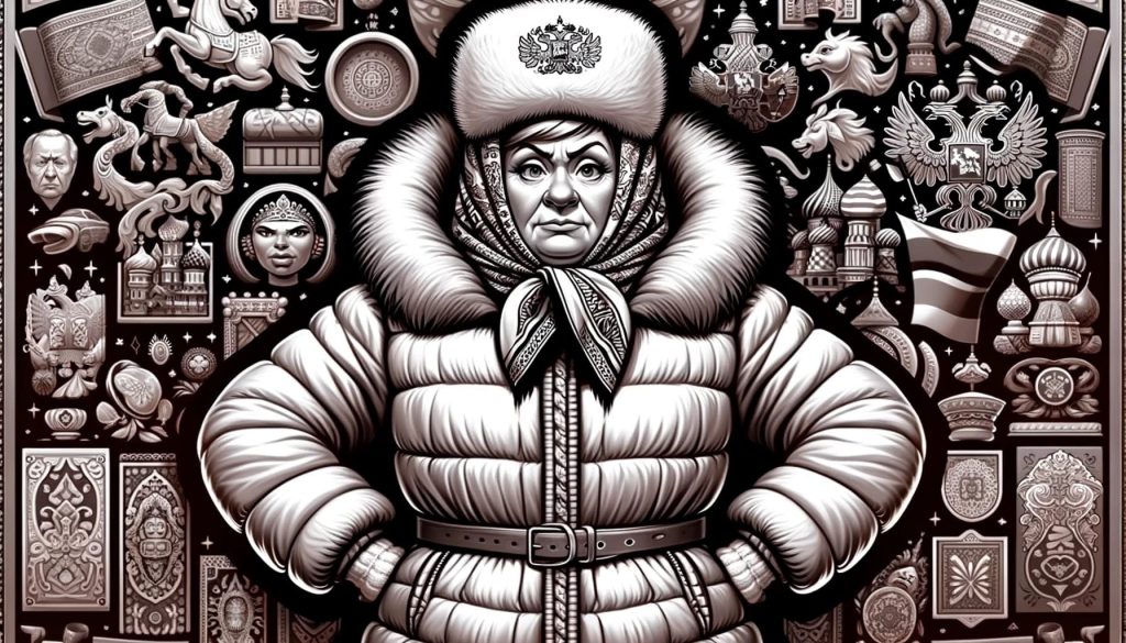 Женщина в традиционной русской зимней одежде на фоне культурных символов