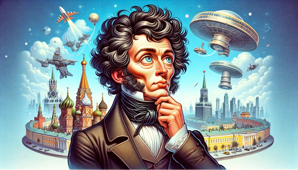 Пушкин смотрит на футуристическую Москву с НЛО и современными зданиями