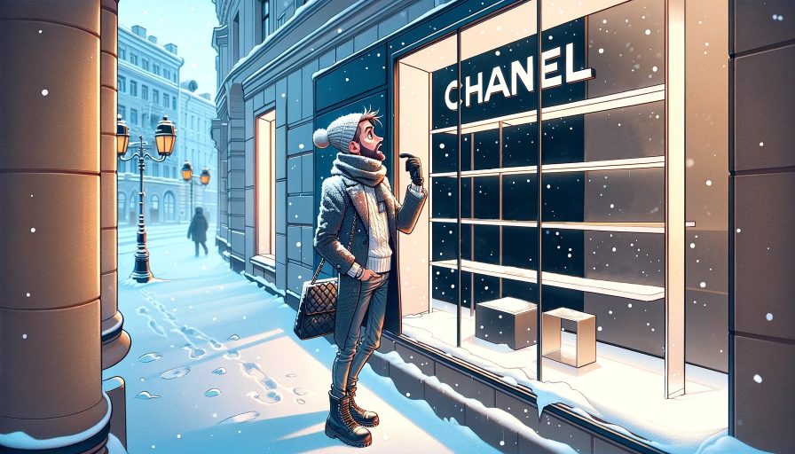 Удивленный мужчина перед пустыми витринами магазина Chanel на фоне зимней Москвы