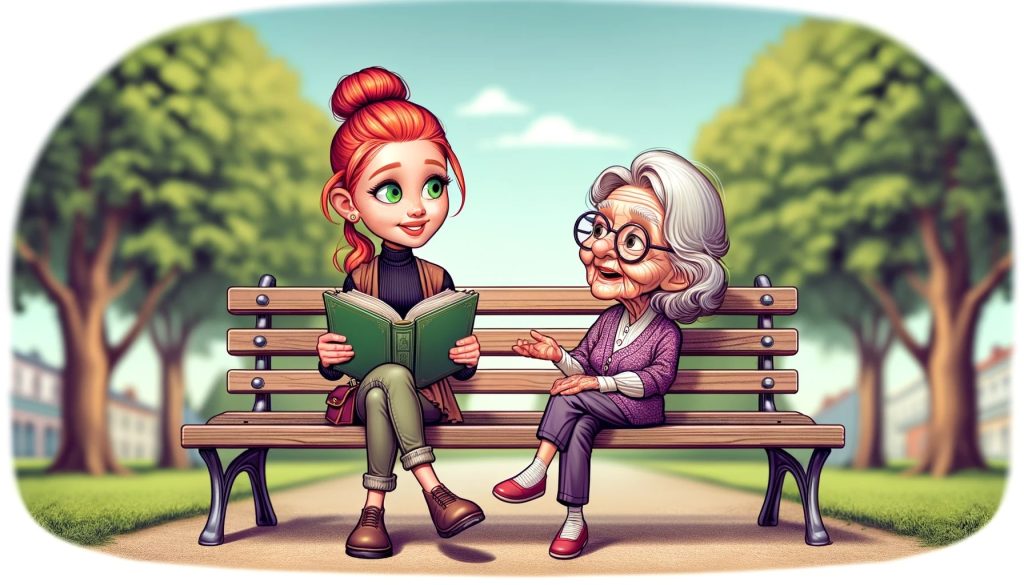 Молодая девушка и старушка обсуждают жизненные мудрости на скамейке в парке