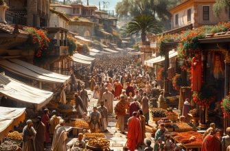 Живописный рынок в древнем Риме с торговцами и покупателями