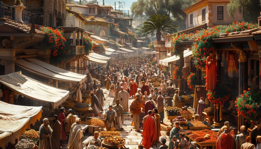 Живописный рынок в древнем Риме с торговцами и покупателями