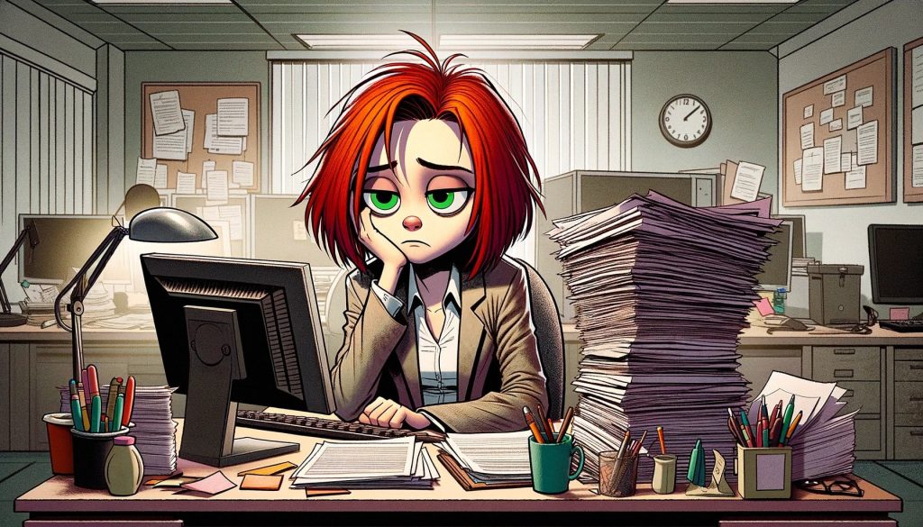 Женщина офисного работника сидит за столом, окружённая стопками документов, выглядящая усталой и разочарованной