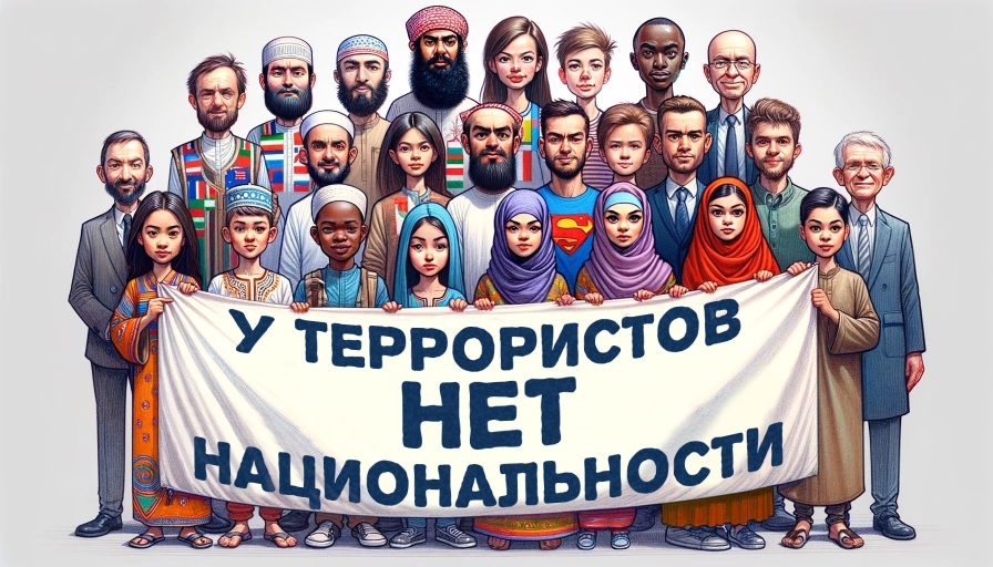 Группа людей разных национальностей держат плакат "У террористов нет национальности"