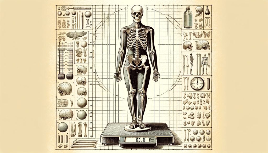 Иллюстрация скелета на весах с медицинскими измерениями, показывая взаимодействие силы гравитации и веса человека