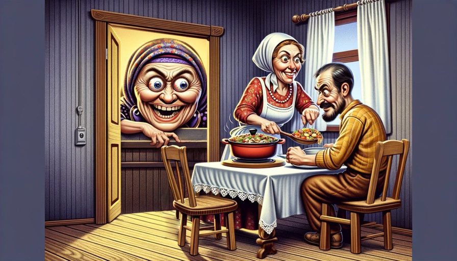 Счастливая пара наслаждается ужином после рассказа соседки