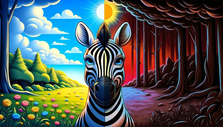 Цветная зебра на границе темного леса и солнечной лужайки символизирует разнообразие жизненных событий