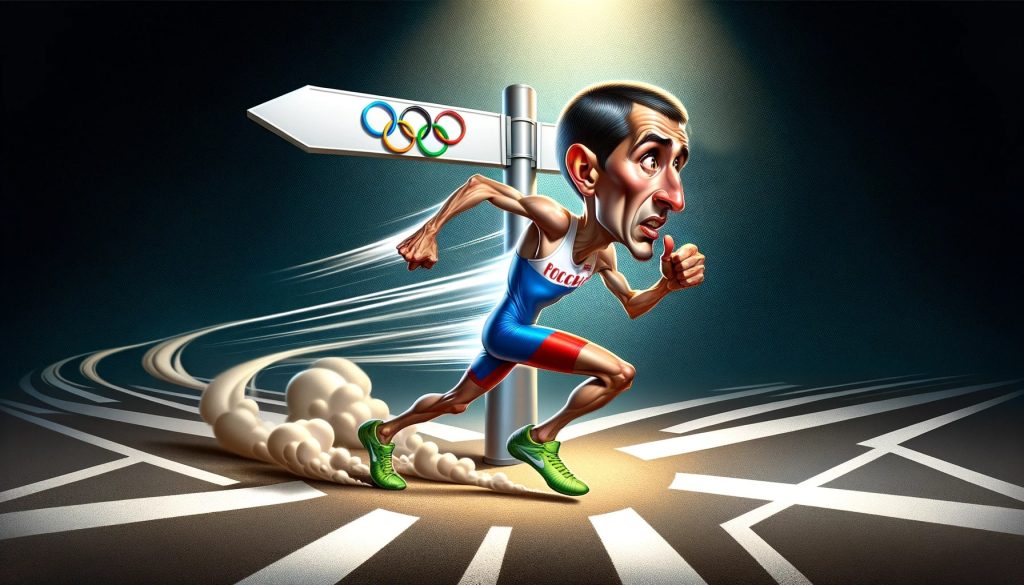 Бегущий спортсмен с олимпийскими кольцами на финише