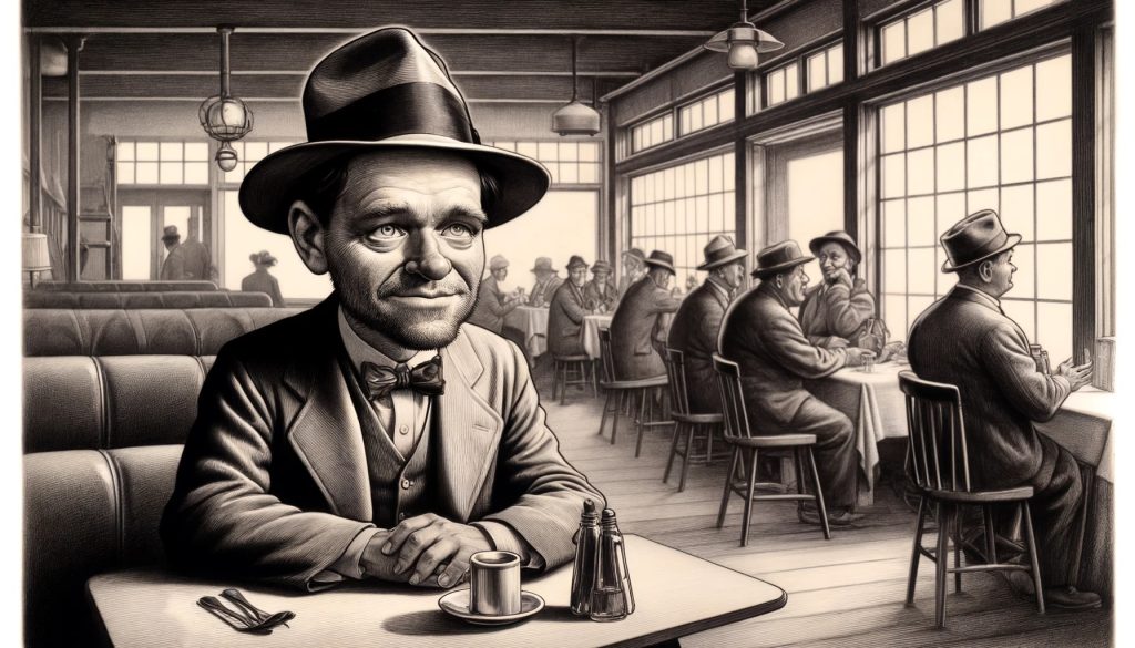 Мужчина в бродячем костюме, сидящий в кафе времен Великой депрессии