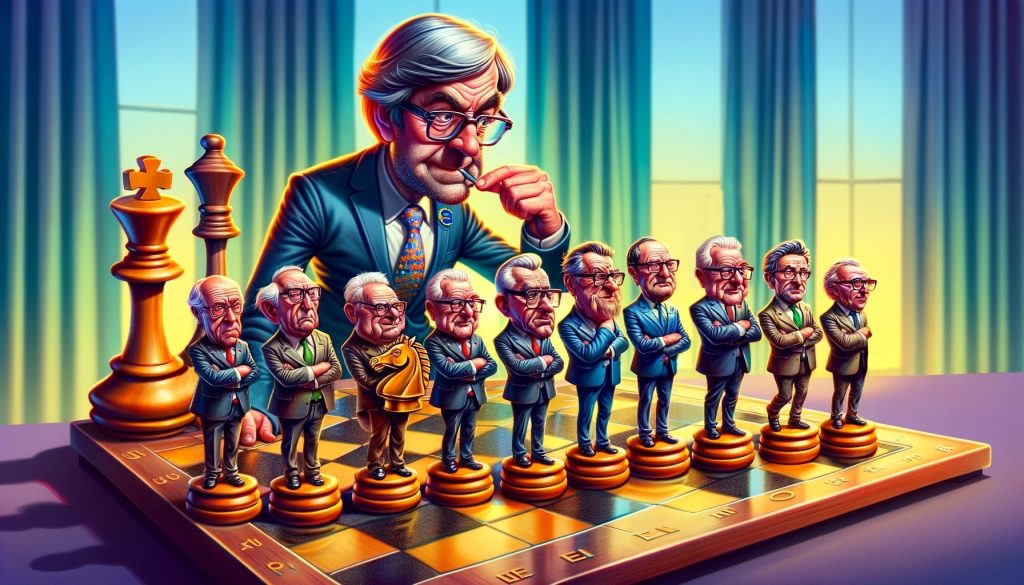 Карикатурное изображение политической шахматной доски с фигурами министров