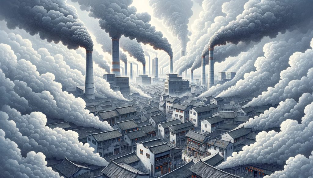 Карикатурное изображение загрязнения от промышленных заводов в Китае