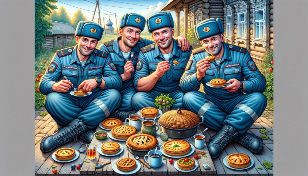 Группа сотрудников МЧС улыбаясь едят пирожки за столом на улице