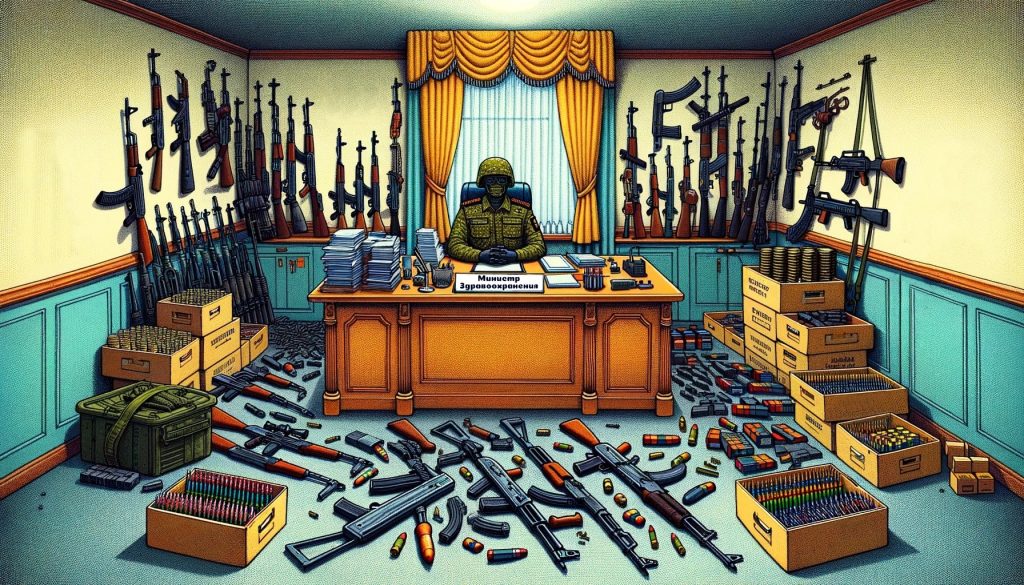 Карикатурный изображение министра здравоохранения в военной форме за столом, окруженный оружием
