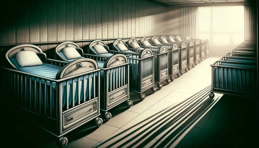 Пустые кроватки в больнице, символизирующие низкую рождаемость