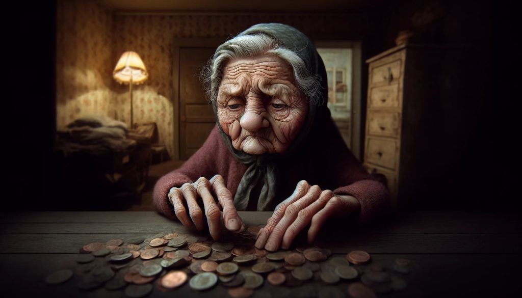 Пожилая женщина считает монеты на столе, выражая заботы о пенсии