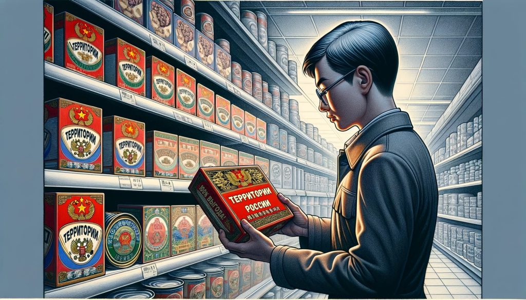 Молодой человек выбирает упаковку "Территории России" в магазине