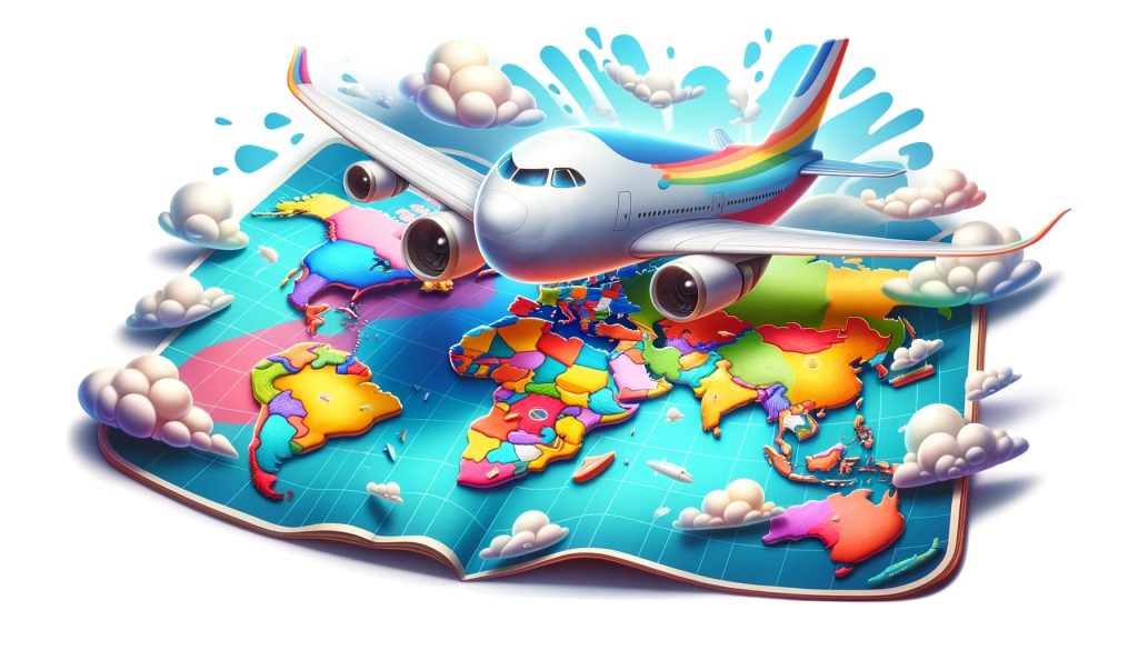 Самолет вылетает из открытой книги с картой мира