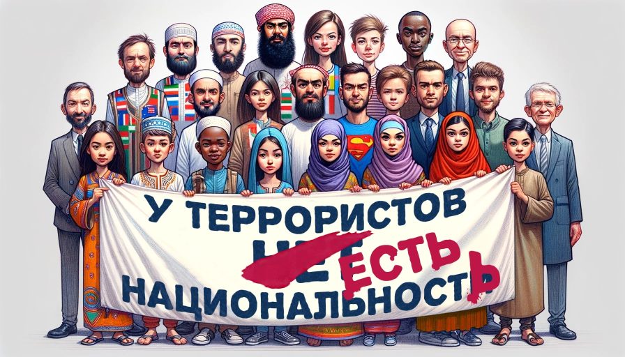 Группа людей разных национальностей держат плакат "У террористов есть национальность"