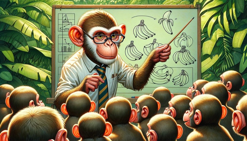 Обезьяна-преподаватель учит обезьян использованию бананов