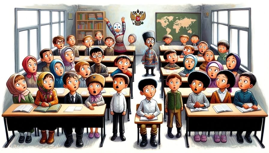 Классная комната с учениками разных национальностей, представляющих детей мигрантов в российских школах