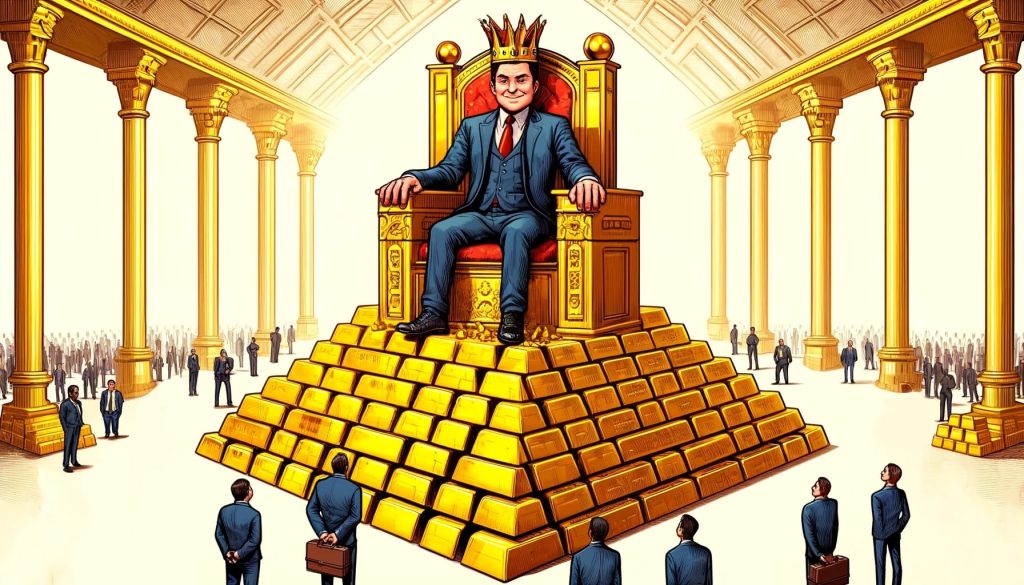 Финансовая пирамида с мужчиной на троне из золотых слитков