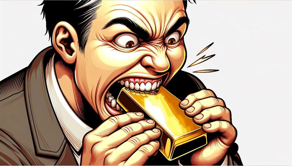 Человек кусает золотой слиток