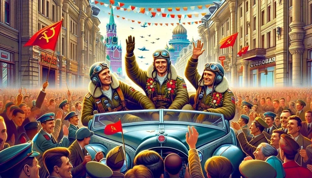 Трое советских лётчиков в пилотных куртках приветствуют толпу на Красной площади в Москве, 1937 год. Толпа с советскими флагами выражает радость и восхищение.