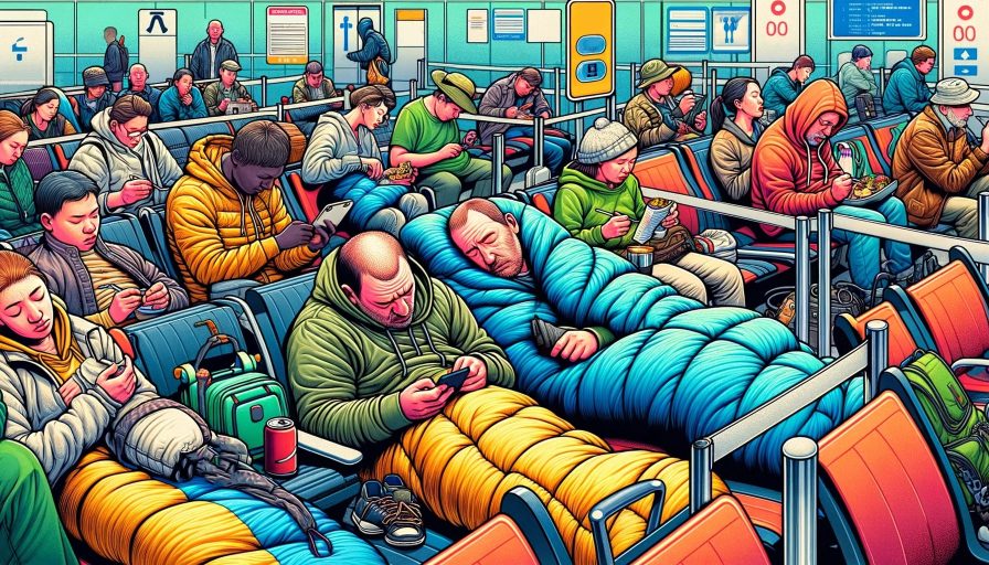Люди спят в аэропорту, ожидая пересечения границы