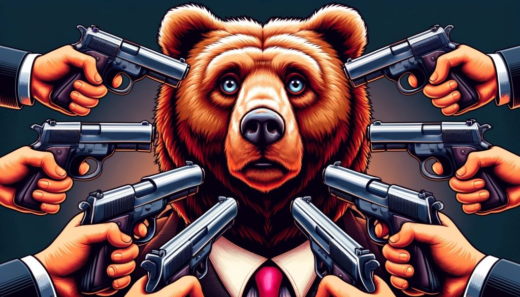 Медведь, символизирующий Россию, в окружении врагов с оружием