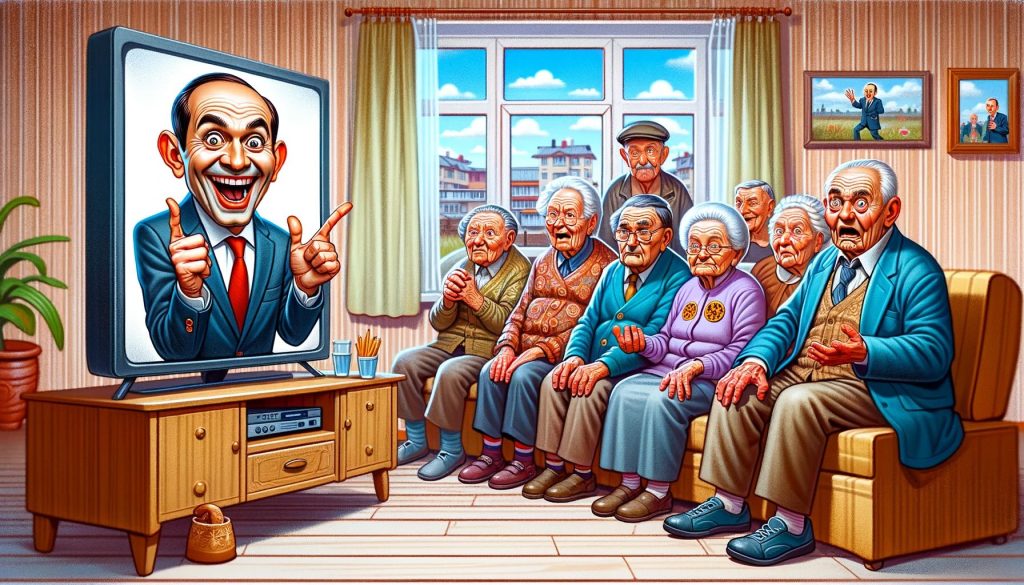 Группа пожилых людей смотрит телетрансляцию политика, обещающего повысить пенсии.