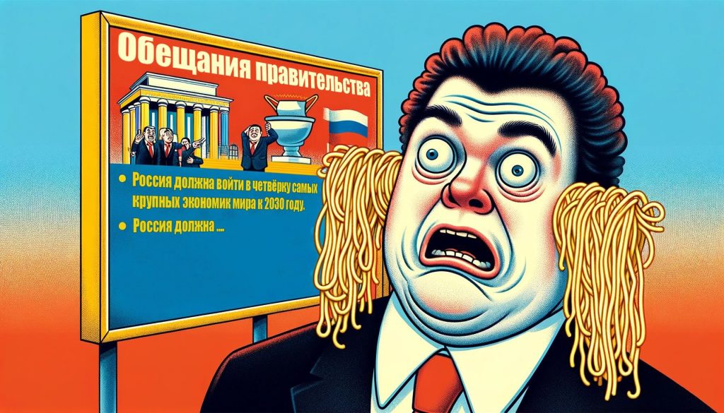 Карикатура с изображением человека с макаронами на ушах, смотрящего на плакат с обещаниями правительства России.