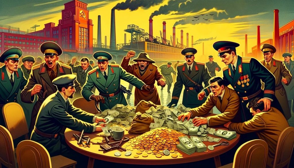 Сотрудники ОБХСС в СССР проводят операцию по изъятию денег и ценностей у преступников, демонстрируя борьбу с экономическими преступлениями и коррупцией.
