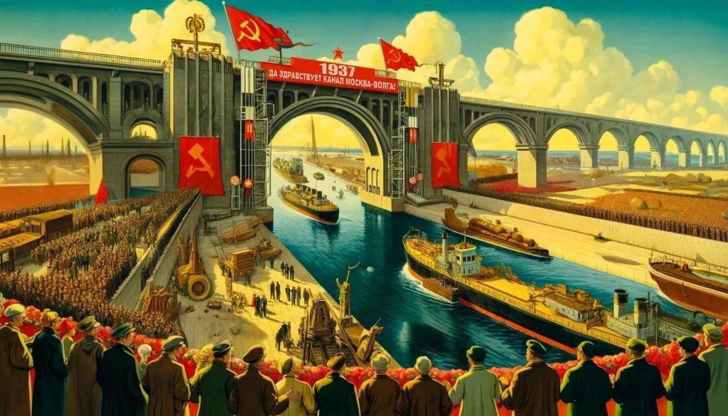 Толпы людей на открытии канала Москва-Волга в 1937 году, канал украшен советскими флагами и плакатами, по воде плывут корабли.